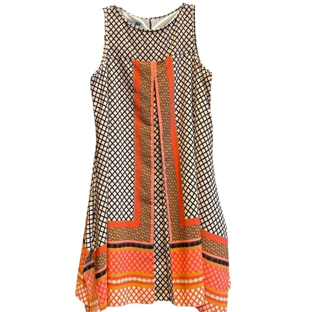 Muse sleeveless trapeze swing dress, geometric tribal print orange and black S
